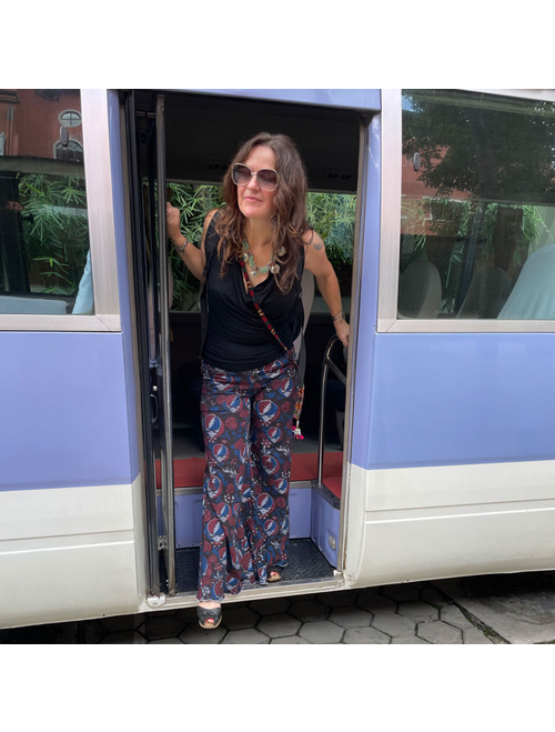 Women's Cotton High Waist Wide Leg Pants w/ Multi Grateful Dead Steal Your Face & Roses Print & Front Pockets