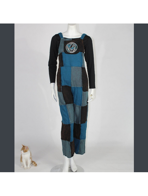 Unisex Stonewash Sweatshirt Fleece Patchwork Overalls w/ Steal Your Face Embroidery & Pockets