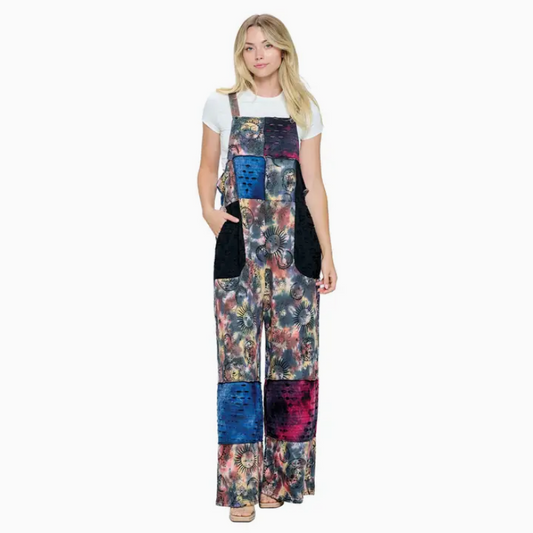 Women's Sun Moon Tie Dye Patchwork Overalls