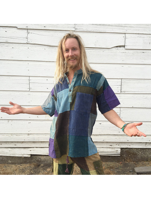 Men's 100% Cotton Stonewash Short Sleeve Patchwork Kurtha With Three Buttons