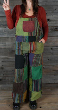 Unisex Heavy Cotton Stonewash Patchwork Overalls w/ Pockets & Adjustable Straps