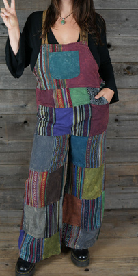 Unisex Heavy Cotton Stonewash Patchwork Overalls w/ Pockets & Adjustable Straps