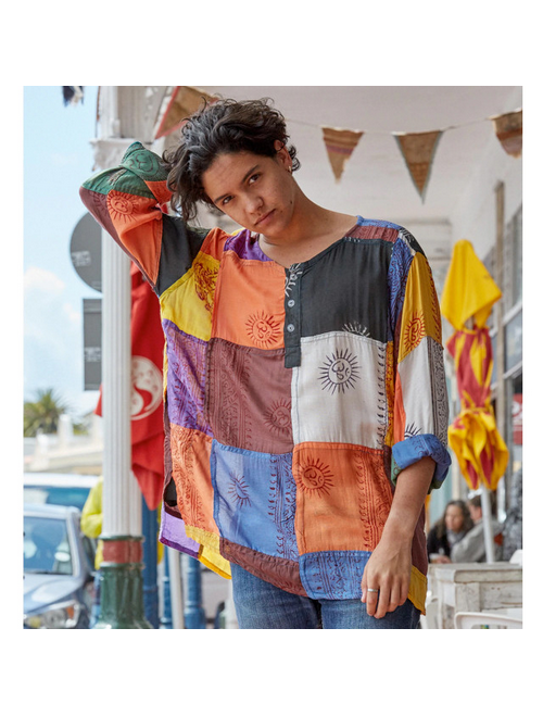 Unisex Rayon Prayer Print Patchwork Long Sleeve Kurtha w/ 3 Button & Pocket