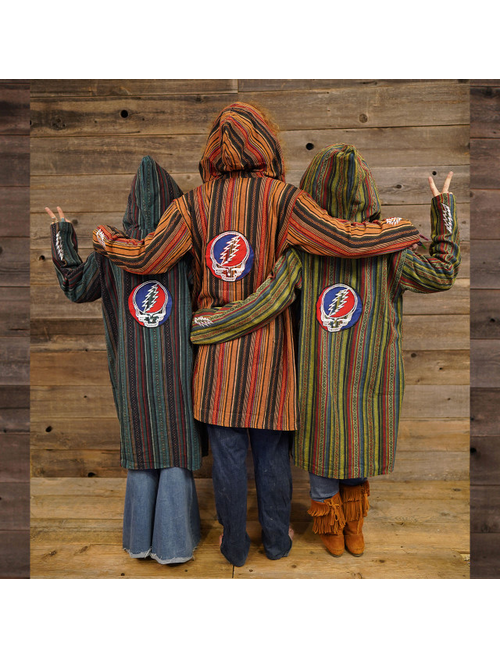 Unisex Striped Heavy Cotton Hooded Long Jacket w/ Back Grateful Dead Streal Your Face Applique'