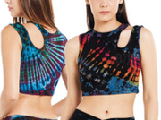 Women's Rayon Spandex Tie-Dye Ribbed-Neck Cold-Shoulder Crop Top