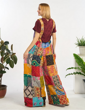 Women's Quilted Wide Leg Kantha Cotton Overalls