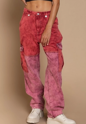 Women's Red & Pink Color Block Twill Pants