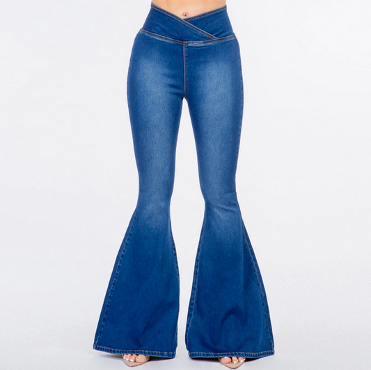 Women's Stretchy High Fold Waist Pull-On Flare Jeans