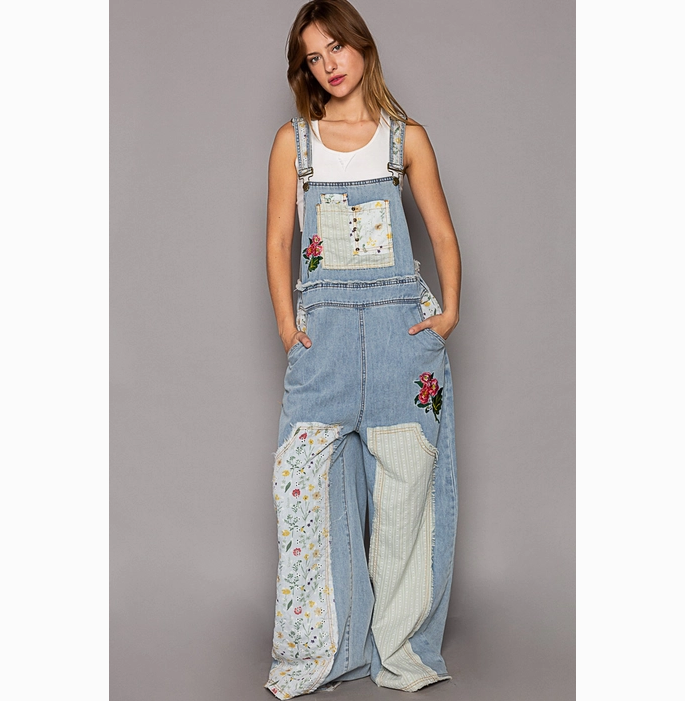 Women's Floral Patchwork Embroidery Overalls