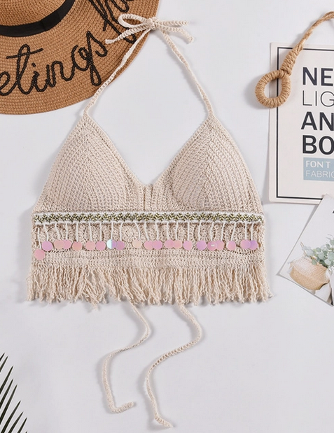 Women's Boho Crochet Fringe Halter Cami Top