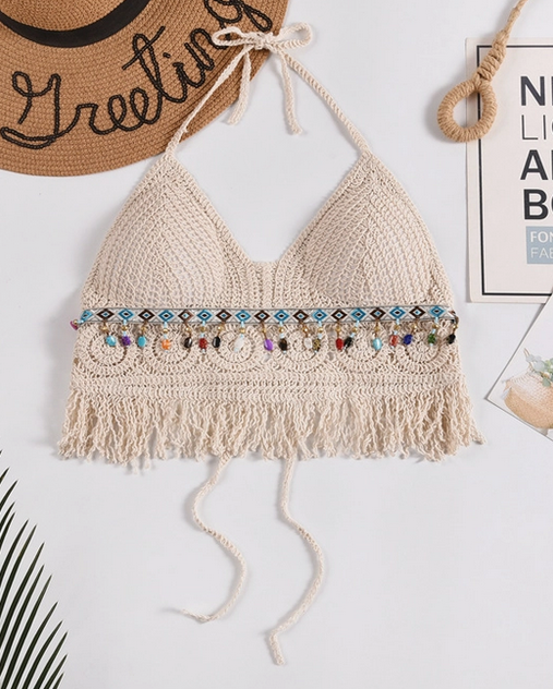 Women's Boho Crochet Fringe Halter Cami Top