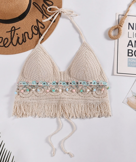Women's Boho Crochet Fringe Halter Cami Top