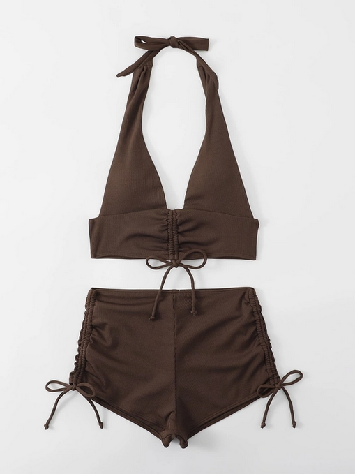 Women's Polyester Stylish Shirred V-Neck Bikini Swimsuit