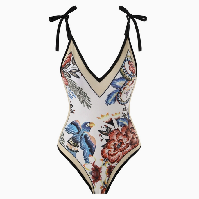 Women's Oriental Print Plunge One-Piece Swimsuit