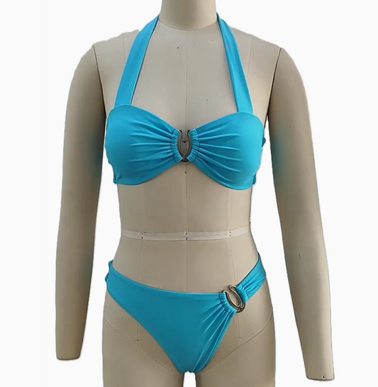 Women's Sexy U-Button Halterneck Lace-Up Bikini Swimsuit