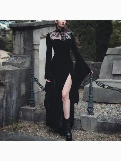 Women's Gothic Dark Slit Lace Hollow Stitching Trumpet Sleeve Witch Dress
