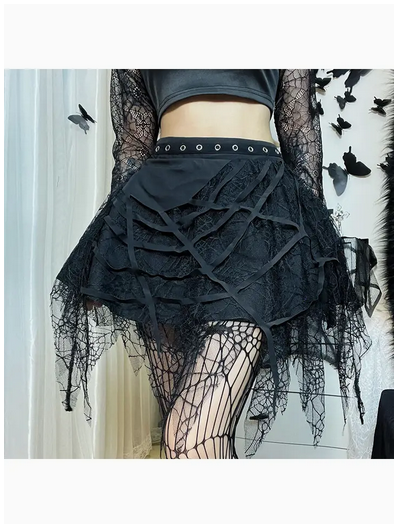 Women's Gothic Punk Dark Style Spider Web Fringe Mini Skirt