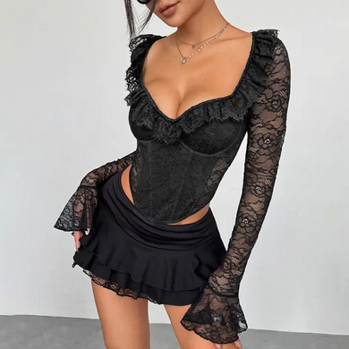 Women Fashion Sexy Floral Lace Steel Ring Long-Sleeve Corset Crop Top