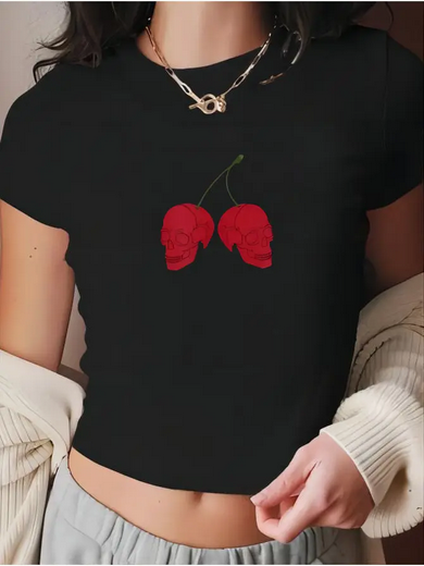 Women's Y2K Skull Cherry Short Sleeve Crop Top Tee