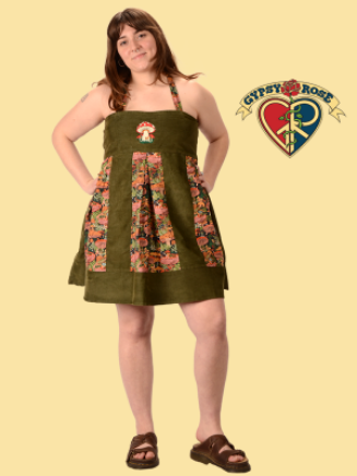 Women's Garden Of Mushroom Cotton and Corduroy Open Back Apron Dress