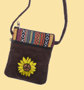 Peace Sunflower Embroidered Corduroy Gheri Passport Pouch