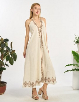 Women's Raw Cotton Printed Halter Maxi Dress