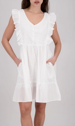 Women's Cotton All-White Frilly Sleeve Floral Short Dress