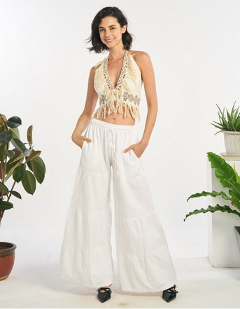 Women's V-Neck Raw Cotton Halter Top W/ Tassles