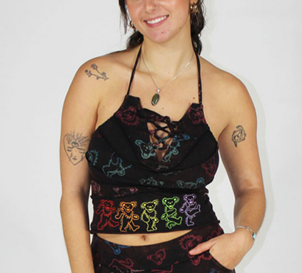 Women's Cotton Lycra Stonewash Grateful Dead Embroidered Bears Halter Top