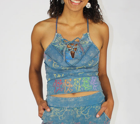 Women's Cotton Lycra Stonewash Grateful Dead Embroidered Bears Halter Top