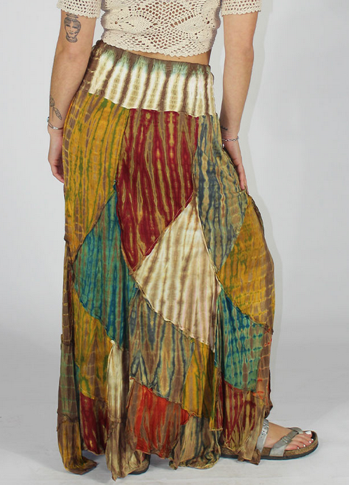 Women's Viscose Tie-Dye Grateful Dead Steal Your Face Angle-Cut Patchwork Maxi Skirt