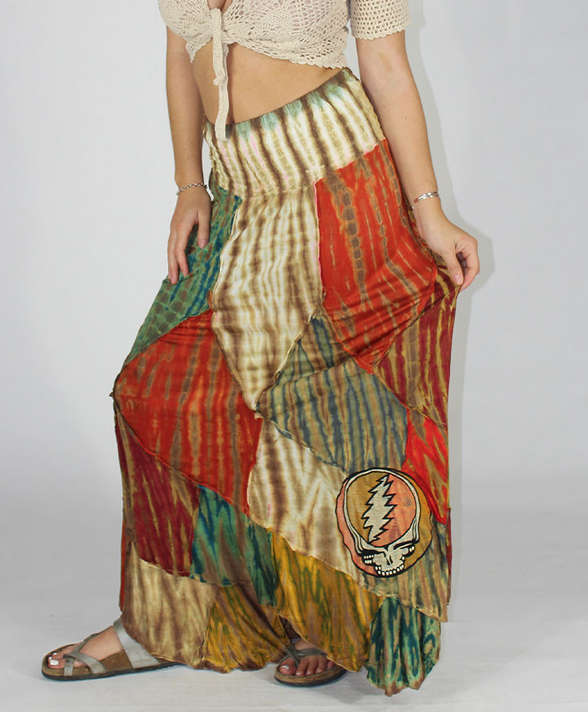 Women's Viscose Tie-Dye Grateful Dead Steal Your Face Angle-Cut Patchwork Maxi Skirt