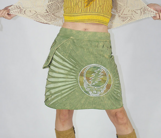 Women's Cotton Lycra Tie-Dye Grateful Dead Stealie Embroidered Razor Mini Skirt