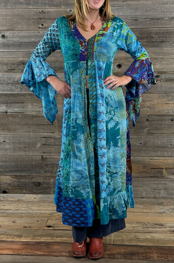 Women's Jaypuri Patchwork Bell-Sleeve Duster Jacket