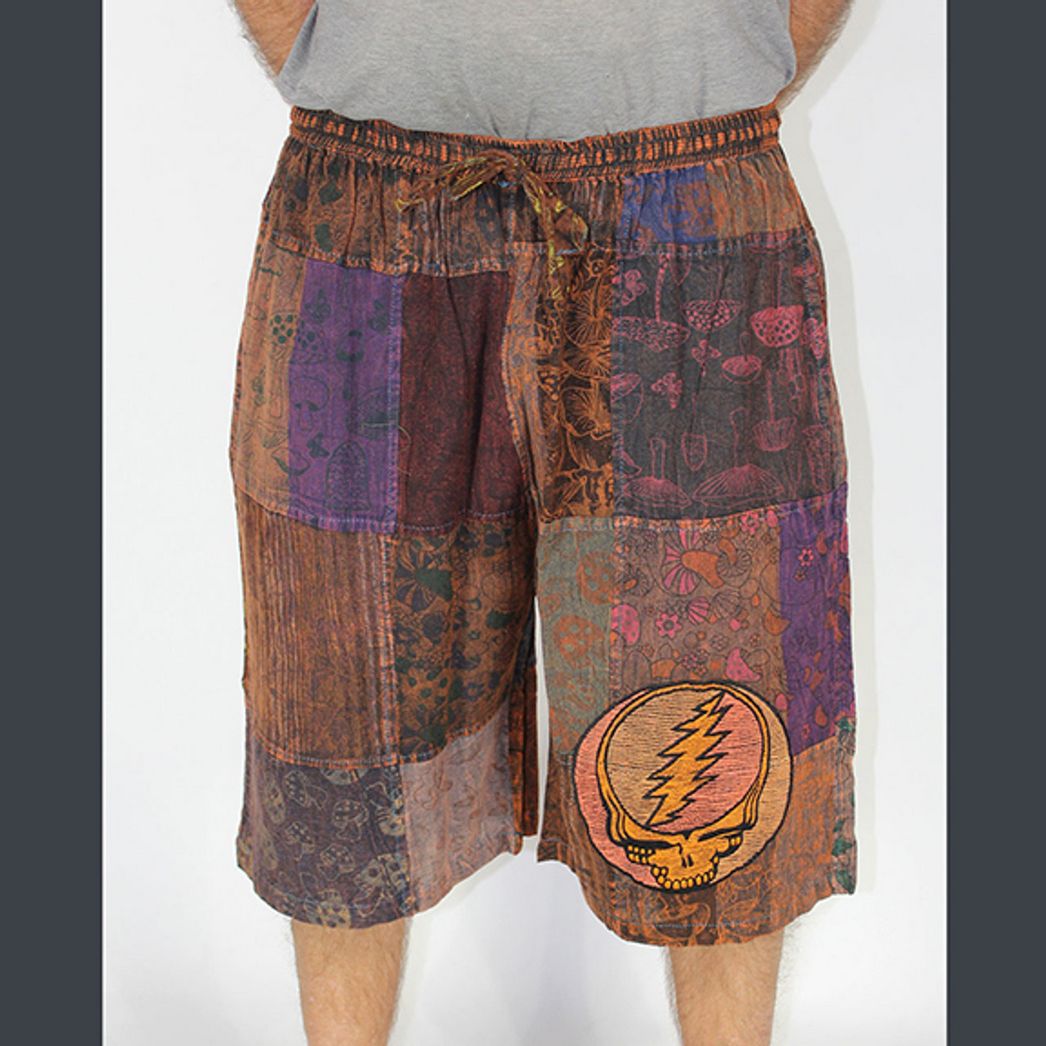 Men's Cotton Grateful Dead Mushroom Stealie Patchwork Shorts