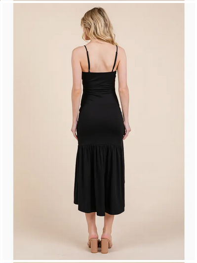 Women's Ruched Ruffle Flare Midi Slit Dress