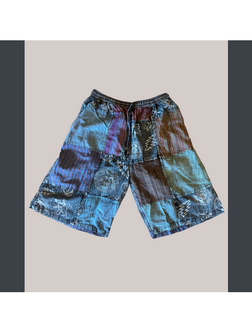 Men's Cotton Shining Wash Grateful Dead Print Patchwork Shorts w/ Elastic Waist Drawstring & Pockets