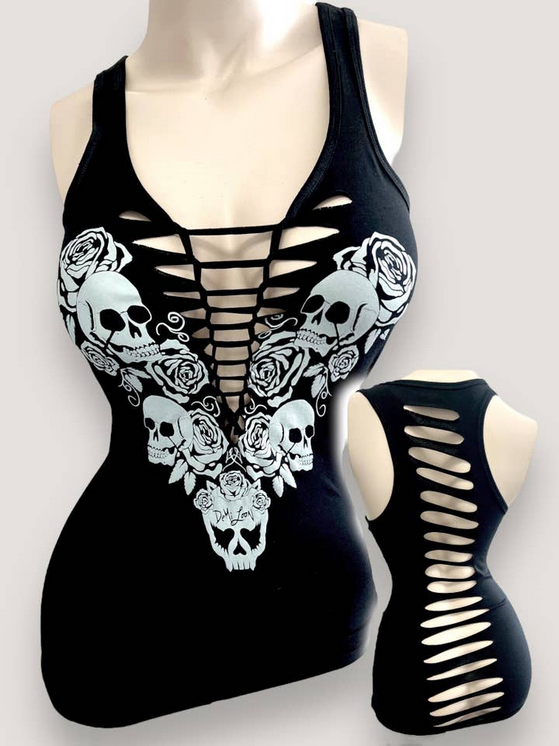 Women's Cotton Spandex Love To Death Skulls & Roses Braid-Cut Tank Top
