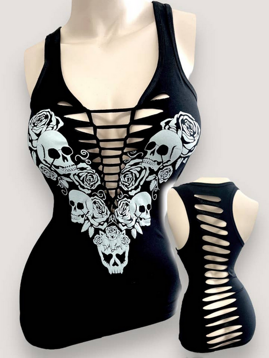 Women's Cotton Spandex Love To Death Skulls & Roses Braid-Cut Tank Top