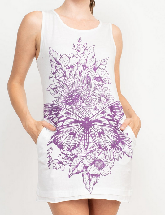 Women's Cotton Boho Butterfly Floral Jersey Tank Dress