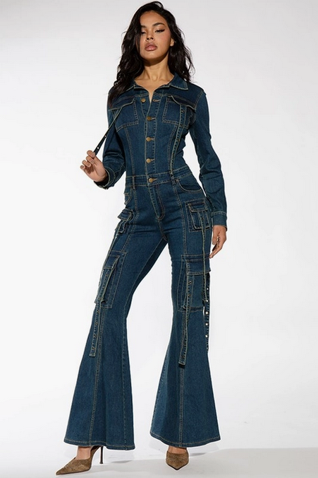 Women's Utility Flare Denim Jumpsuit