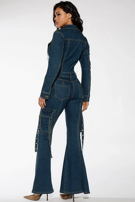 Women's Utility Flare Denim Jumpsuit