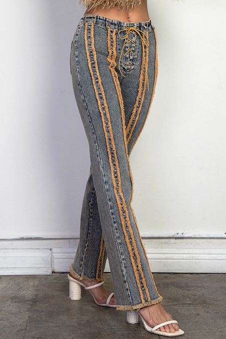Women's High Rise Lace Up Frayed Denim Jeans