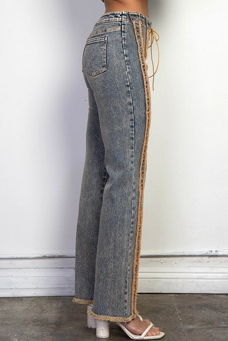 Women's High Rise Lace Up Frayed Denim Jeans