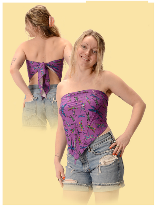 Women's Rayon Dragonfly Print Handkerchief Tie-Back Halter Top