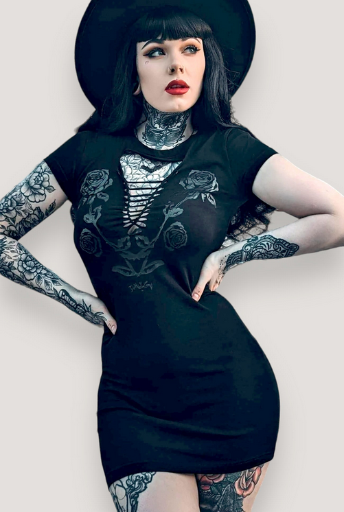 Women's Cotton Spandex Blackout Rose Print Gothic Cutout Mini Dress