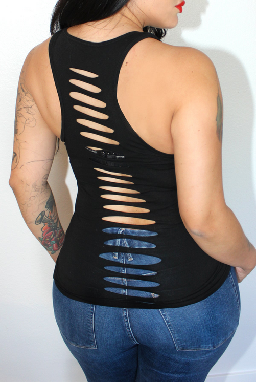 Women's Hourglass Illusion Slashed Gothic Biker Tank-Black