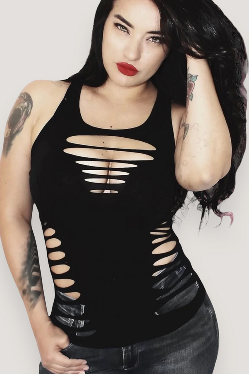 Women's Hourglass Illusion Slashed Gothic Biker Tank-Black