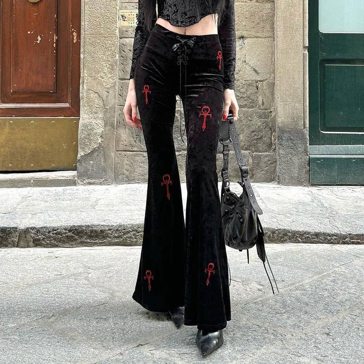 Women's Embroidered Gothic Ankh Flare Pants