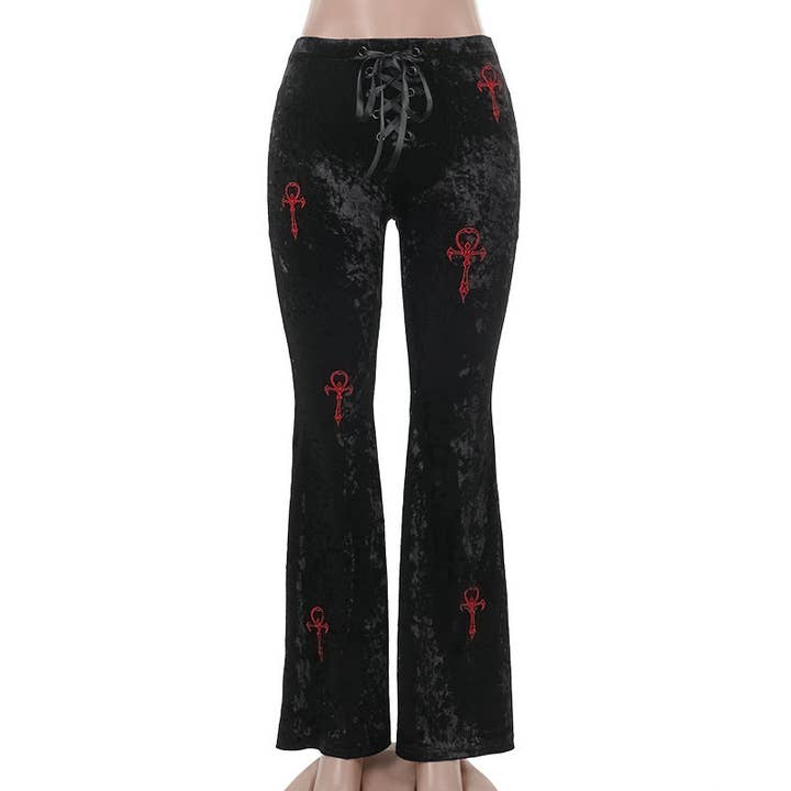 Women's Embroidered Gothic Ankh Flare Pants